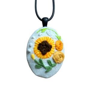Sunflower & Rose Embroidery Necklace - Handmade Pendant